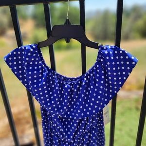 Blue and White Polka Dots Tiered Tier Ruffled Neckline Mini Dress